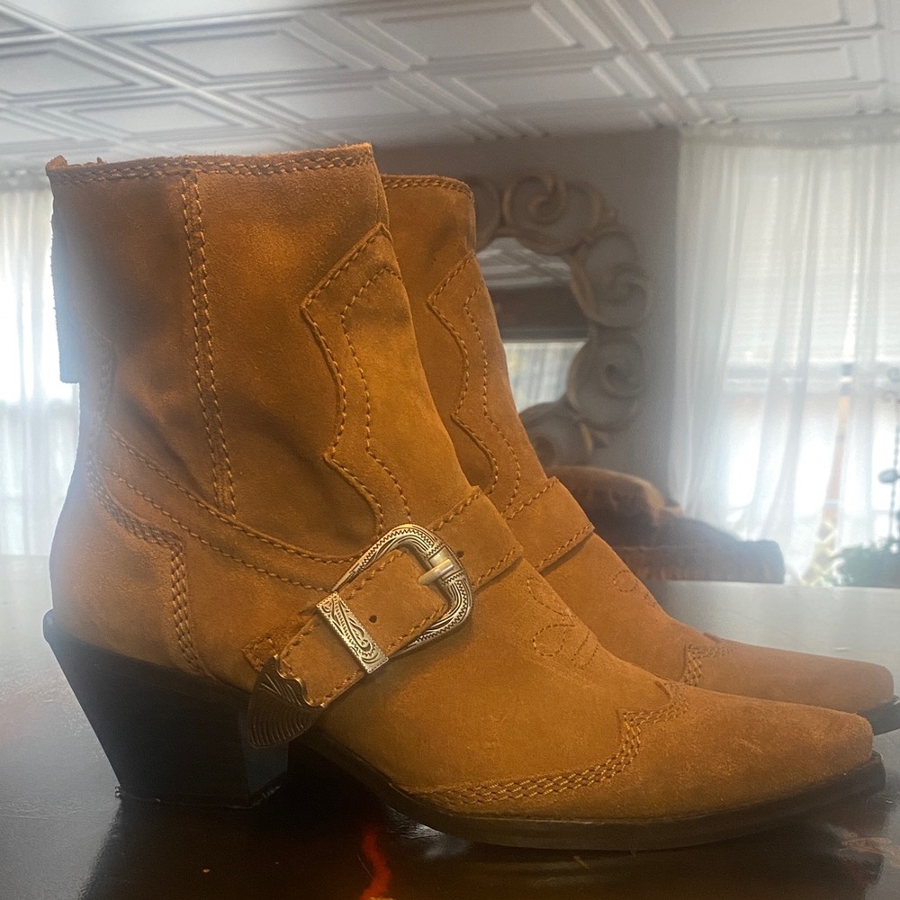 Zara Buckled Cowboy Suede Booties zipper Sz 39